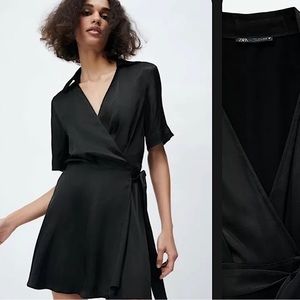 ZARA Satin Wrap Dress in Black SZ XS